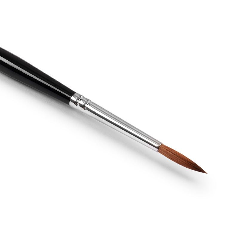 A large paint brush for miniature painting with a black handle, silver ferrule, and brown bristles, shown diagonally on a white background.