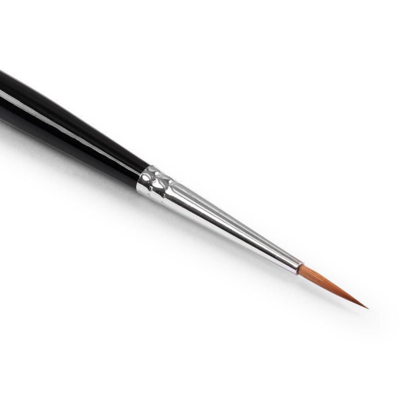 A small paint brush for miniature painting with a glossy black handle, a polished silver ferrule, and a sharp brown bristle tip, shown diagonally on a clean white background.