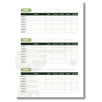 Sheet with a grid layout for tracking batches of models with columns for 'Built', 'Primed', 'Painted', 'Base', and 'Finished'.