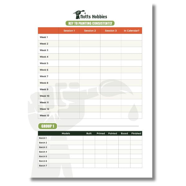 Calendar or planner sheet for modeling or painting projects with Notts Hobbies branding.