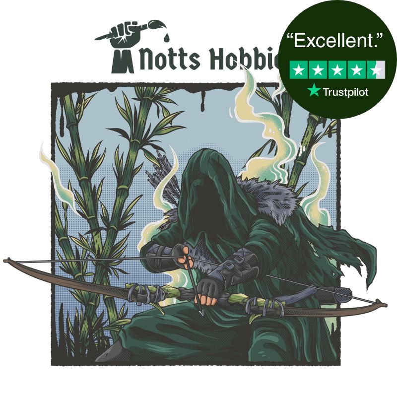 A stylized illustrated product graphic showing a hooded figure in dark green clothing aiming a bow and arrow among tall bamboo stalks. The artwork has a black border and includes a green circular badge at the top right with a Trustpilot quote and rating graphic, plus the text 'Notts Hobbies'.