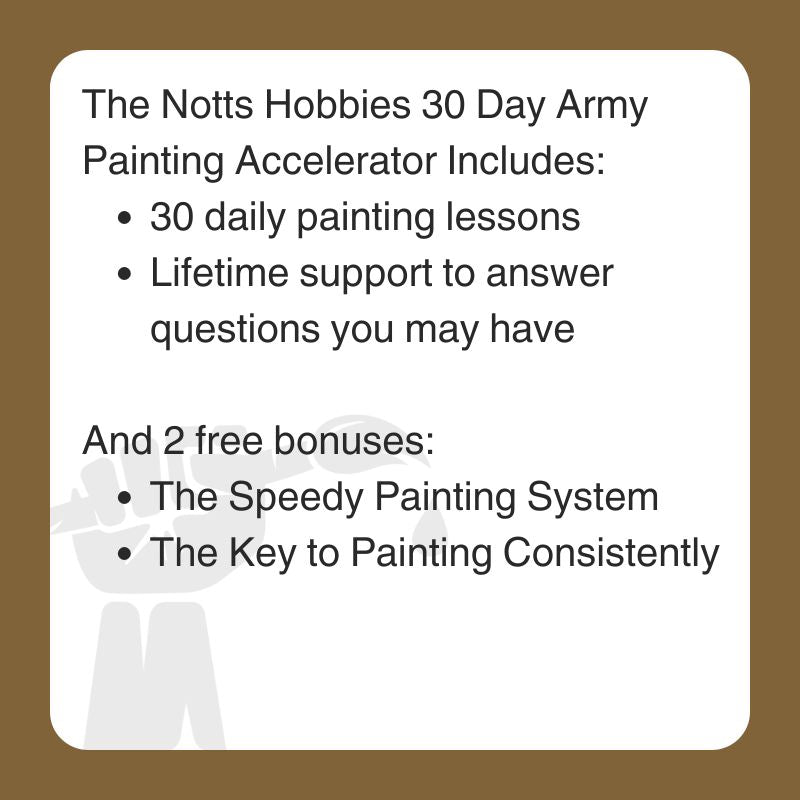 Promotional text for painting lessons with a hand holding a paintbrush on a brown background