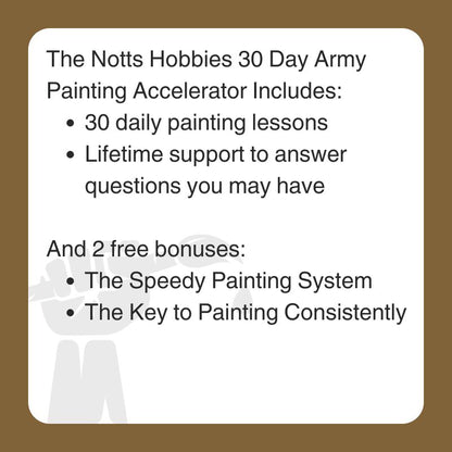 Promotional text for painting lessons with a hand holding a paintbrush on a brown background