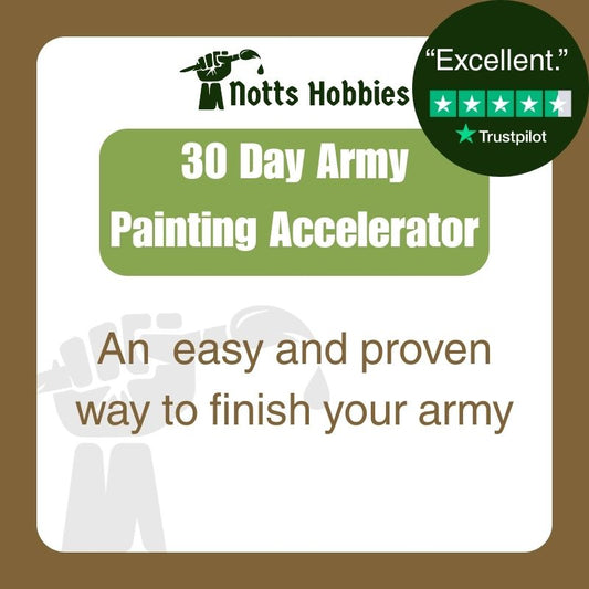 Advertisement for Notts Hobbies 30 Day Army Painting Accelerator with Trustpilot rating on a brown background.