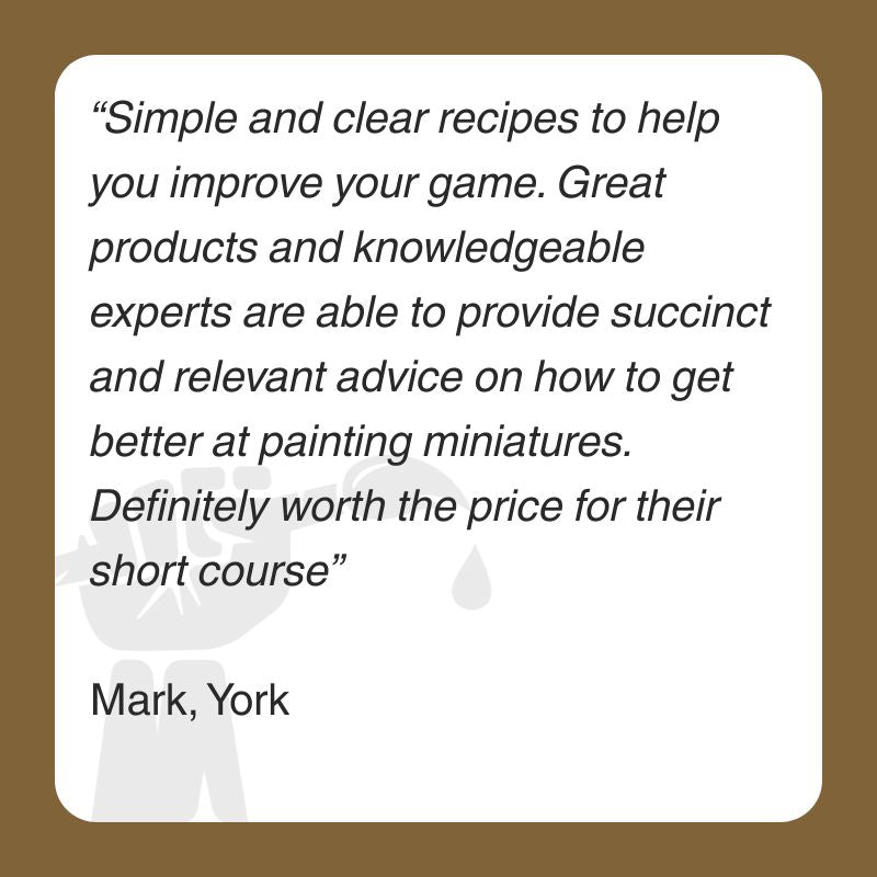 Promotional text reviewing a miniature painting course on a brown background in front of a hand holding a paintbrush