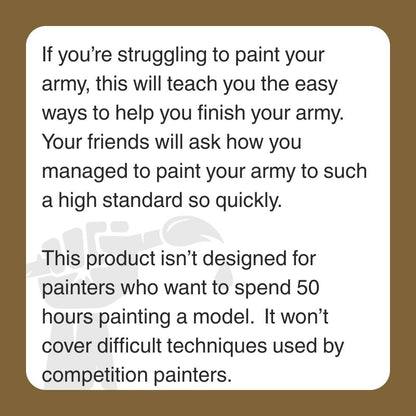 Text on a white background with a gold border, promoting a product for painting models.
