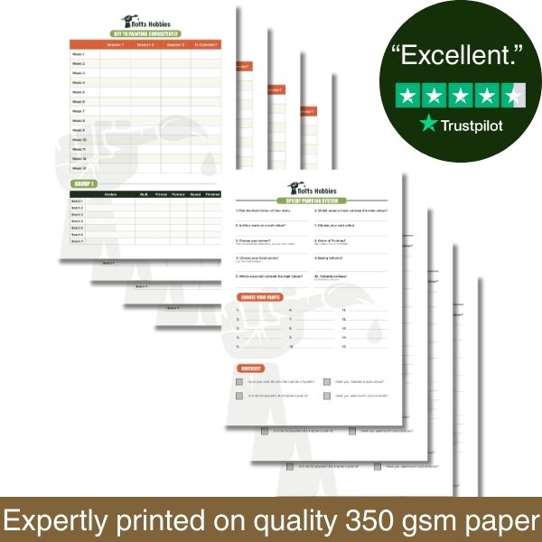 Set of printed sheets with a Trustpilot rating on a white background