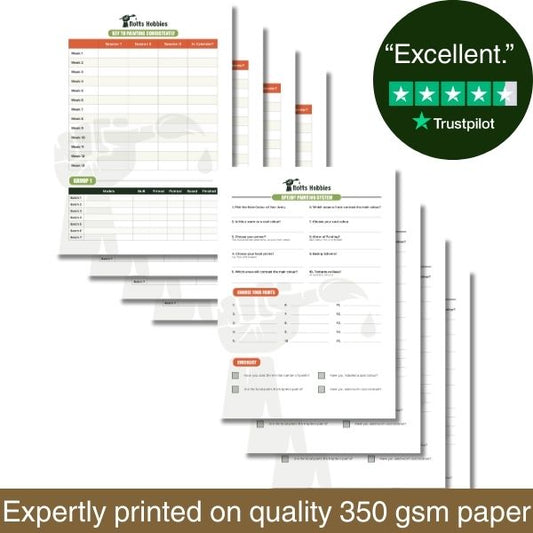 Set of printed sheets with a Trustpilot rating on a white background