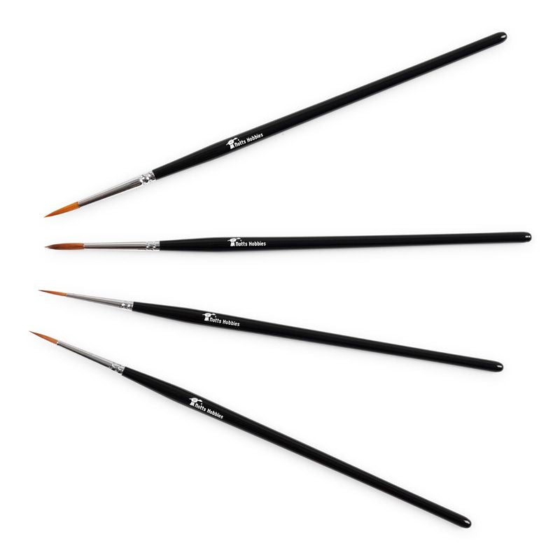 Four fine art paintbrushes with black handles and silver ferrules, arranged diagonally on a plain white background. The brand name 'Notts Hobbies' is printed in white on the handles.