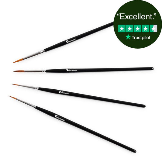 Four paint brushes for miniature painting with black handles and silver ferrules, arranged diagonally on a white background. A green circular Trustpilot 'Excellent' rating badge is in the top right corner.