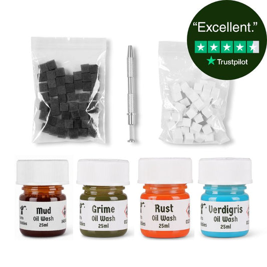 Assorted items including black and white weathering sponges, sponge holder, and oil washes labeled with colors on a white background.