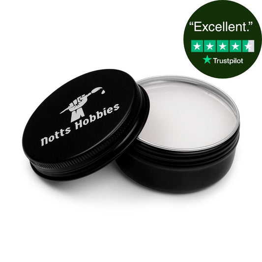 Black container with Notts Hobbies logo and brush soap inside, Trustpilot rating badge above.