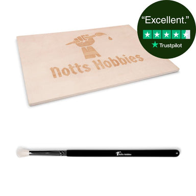 An image showing a small drybrushing brush alongside a wooden texture palette, both items are associated with model painting and are part of the Notts Hobbies brand.