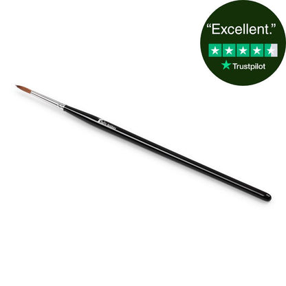 A large paint brush for miniature painting with a black handle, silver ferrule, and brown bristles, shown diagonally on a white background with a green Trustpilot 'Excellent' rating badge in the top right corner.