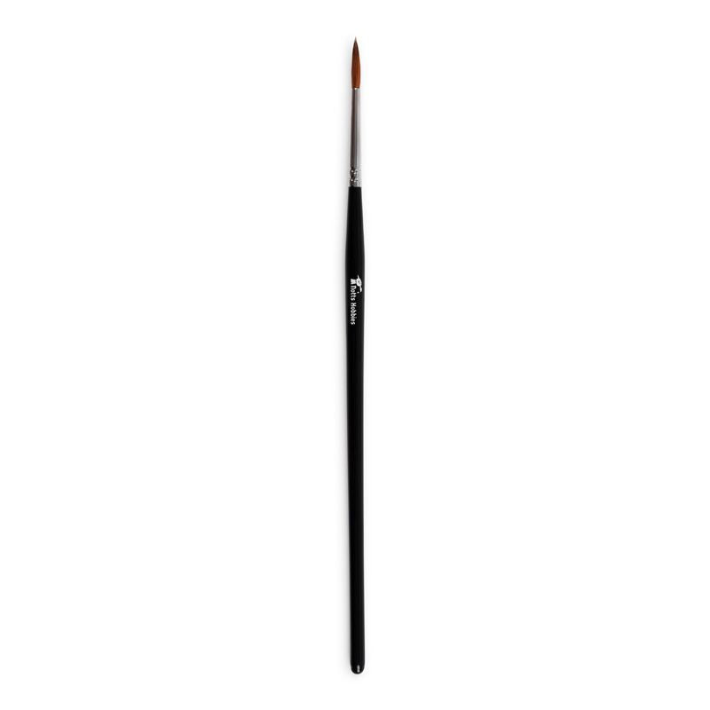 A single large paint brush for miniature painting with a black handle, silver ferrule, and reddish-brown bristles, shown vertically against a plain white background.