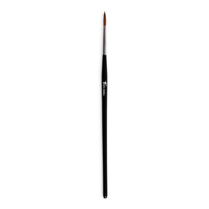A single large paint brush for miniature painting with a black handle, silver ferrule, and reddish-brown bristles, shown vertically against a plain white background.