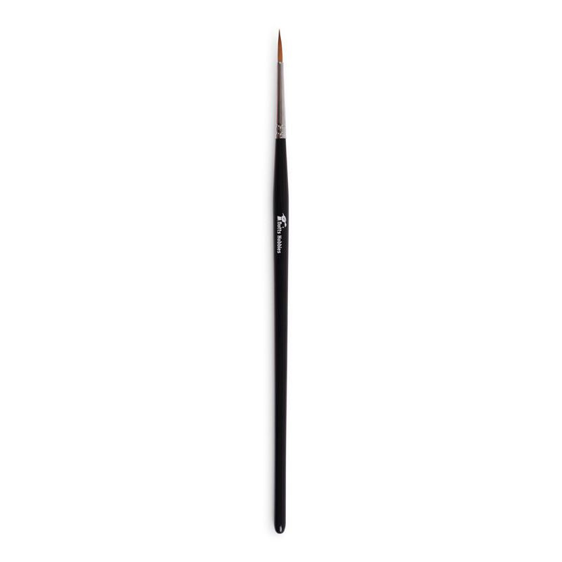 A single medium paint brush for miniature painting with a black handle, silver ferrule, and a fine reddish-brown bristle tip, shown vertically against a plain white background.