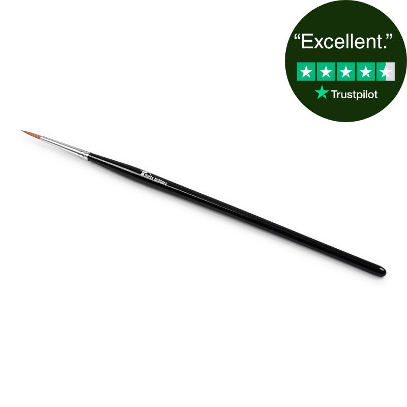 A single medium paint brush for miniature painting with a black handle, silver ferrule, and fine brown bristles, shown diagonally on a white background with a green Trustpilot 'Excellent' rating badge in the top right corner.