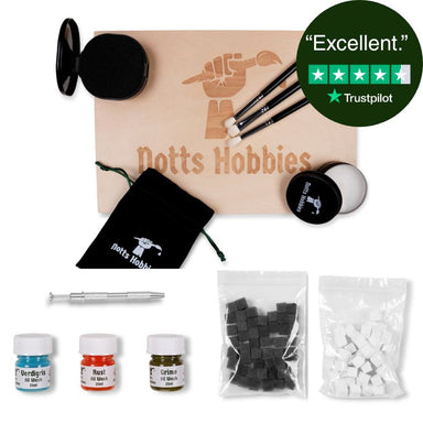 Collection of modeling tools and materials with Notts Hobbies branding on a white background