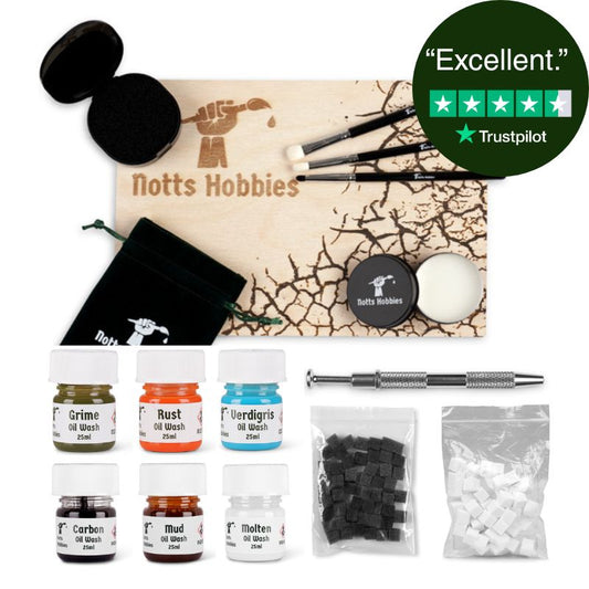 Notts Hobbies Mega Set paints, weathering tools, drybrushes and accessories on a white background