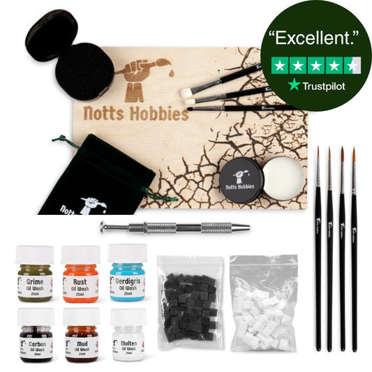 Notts Hobbies miniature model paint kit shown on a white background, including a paint brushes, drybrushes, weathering sponges, oil washes and other accessories, and Trustpilot rating badge.
