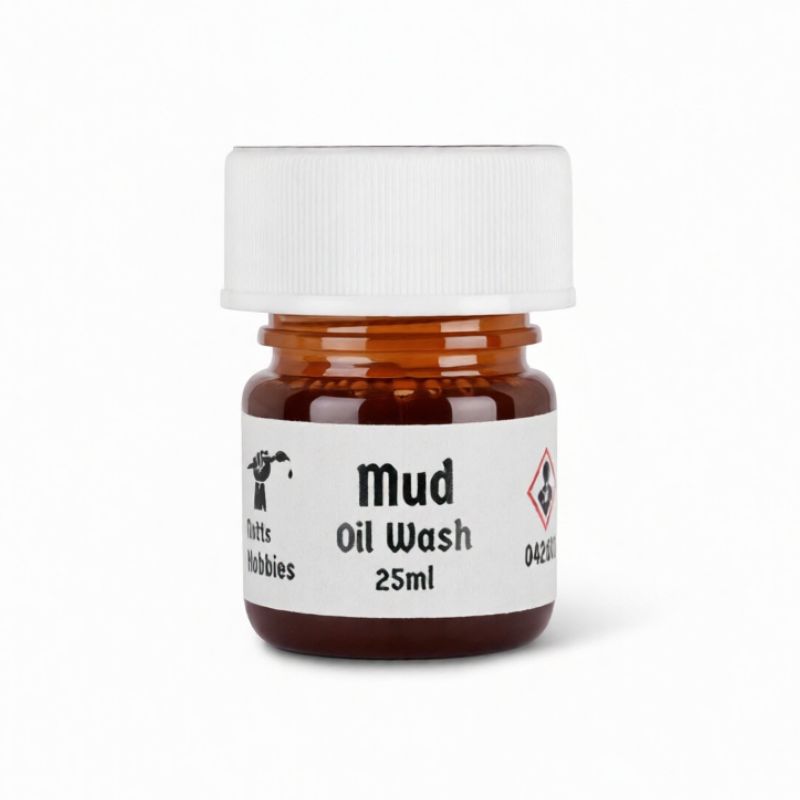 Bottle of brown oil wash with a white label on a white background