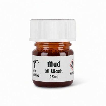 Bottle of brown oil wash with a white label on a white background