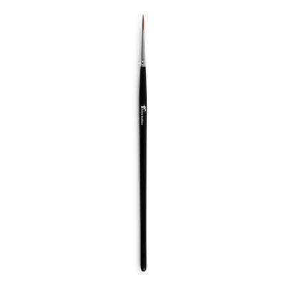 A single small paint brush for miniature painting with a black handle, silver ferrule, and a fine red bristle, shown vertically against a plain white background.