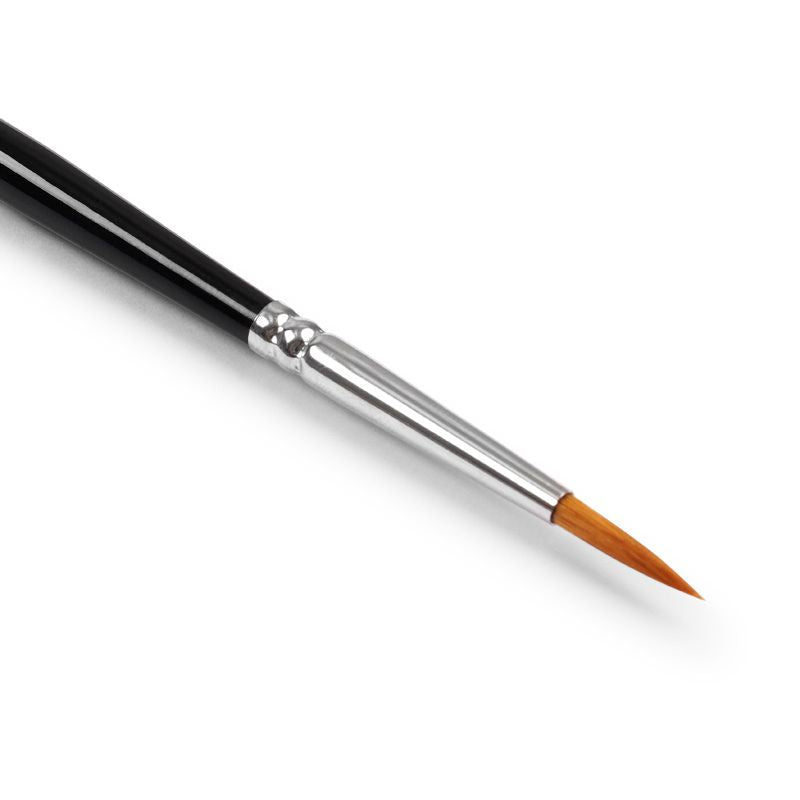 A synthetic brush for miniature painting with a black handle, silver ferrule, and orange-brown bristles, shown diagonally on a white background.