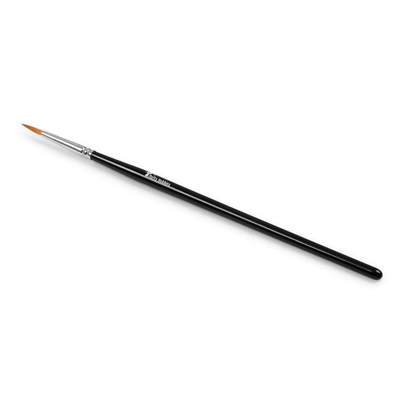 A synthetic brush for miniature painting with a black handle, silver ferrule, and orange-brown bristles, shown diagonally on a white background.