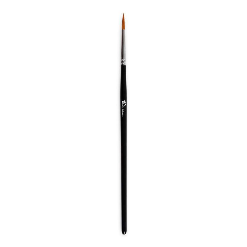 A single synthetic paint brush for miniature painting with a black handle, silver ferrule, and orange-brown bristles, shown vertically against a plain white background.