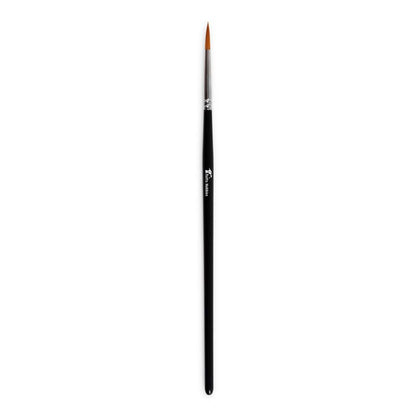 A single synthetic paint brush for miniature painting with a black handle, silver ferrule, and orange-brown bristles, shown vertically against a plain white background.
