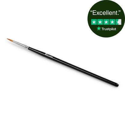 A synthetic paint brush for miniature painting with a black handle, silver ferrule, and orange-brown bristles, shown diagonally on a white background with a green Trustpilot 'Excellent' rating badge in the top right corner.