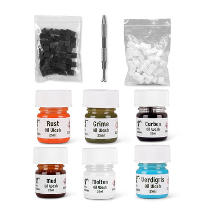 Weathering products for Warhammer models. with six 25ml bottles of paint, two clear bags of weathering sponges, and a sponge holder, arranged on a white background. The bottles are labeled Rust, Grime, Carbon, Mud, Molten, and Verdigris.